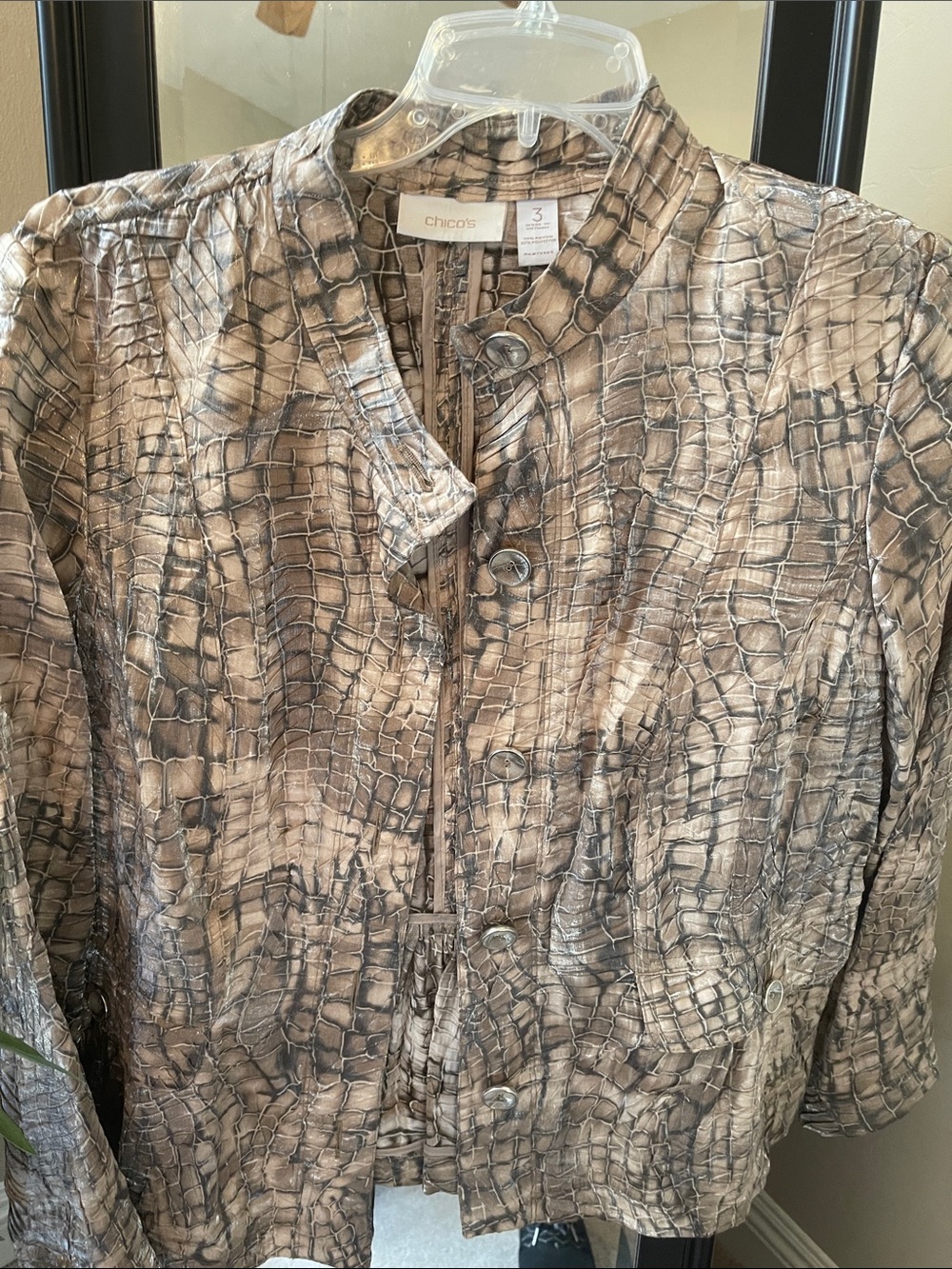 Chico's Neutral Croc-Texture Button Front Jacket in Taupe and Gray